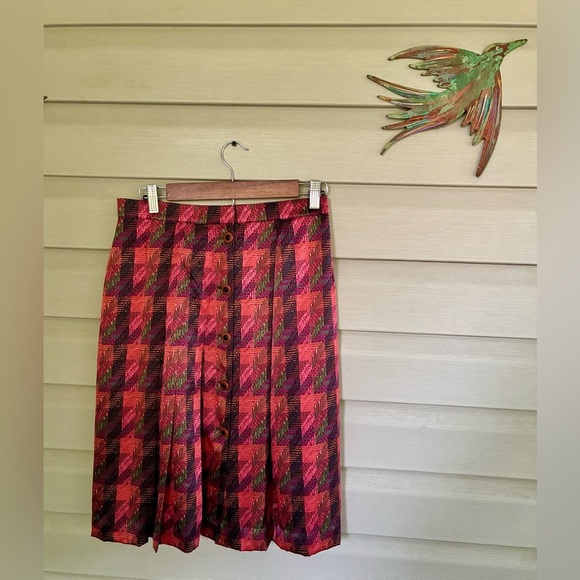 CARLISE vintage 100% silk skirt pleated pink houndstooth button front sz 12 MINT - Picture 2 of 14